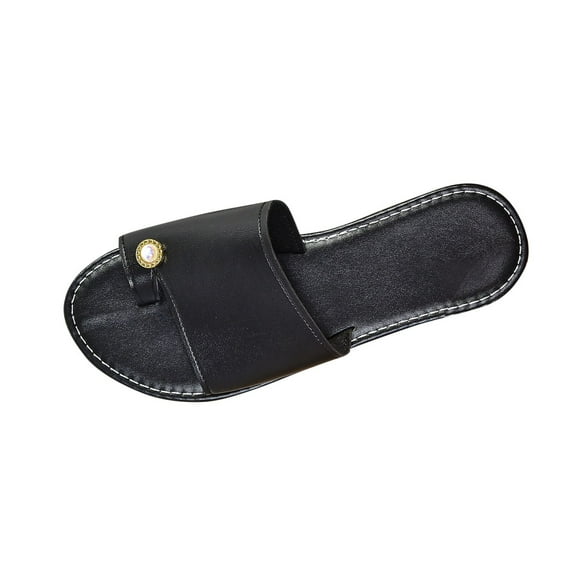 Flip Flops for Women, Solid Color Summer Beach Flat Sandals with Pearl-Embellished Strap and Cushioned Footbed, Synthetic Leather, Slip-On Style