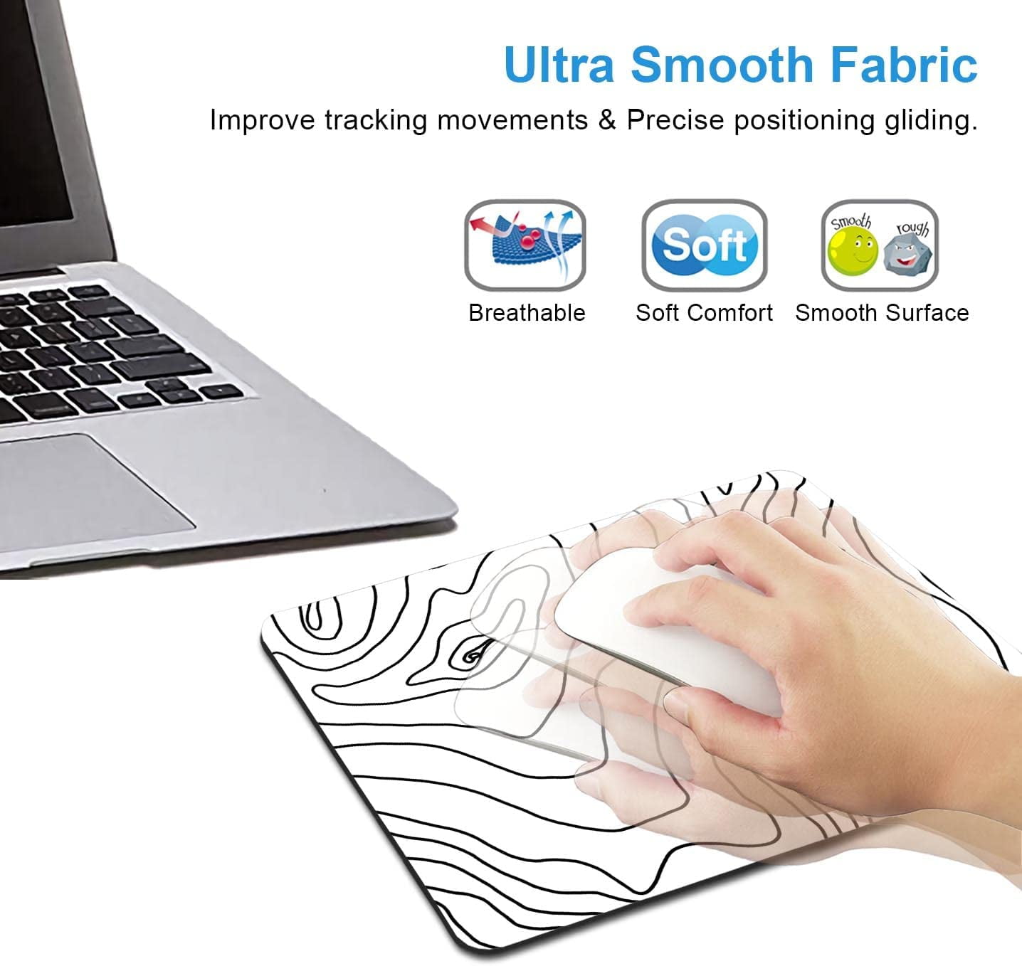 Topographic Mouse Pad, Black & White Line Art Mouse Pad, Non