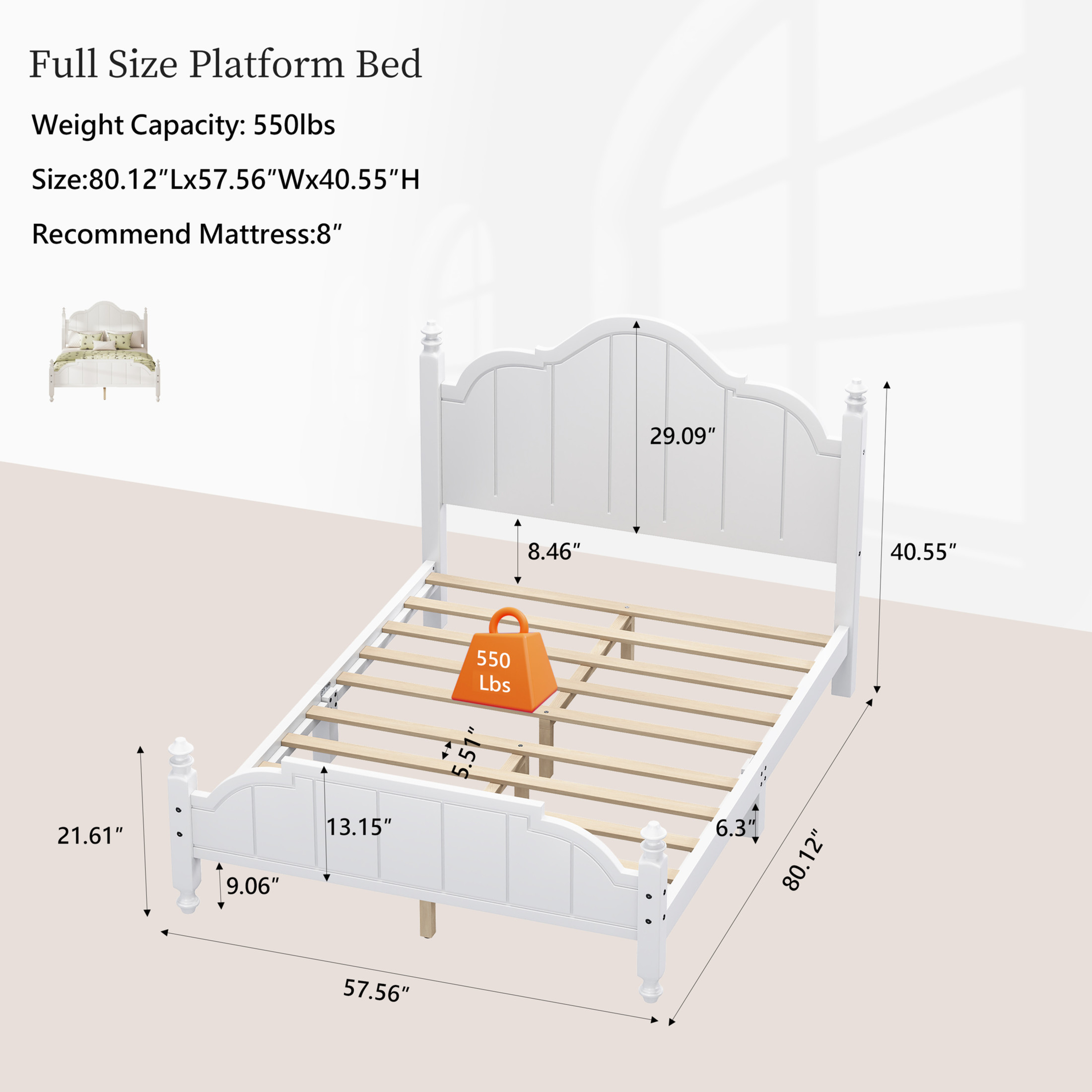 Noble House Full Bed Frame with Headboard, Vintage Wooden Platform Bed with Slat Support, White