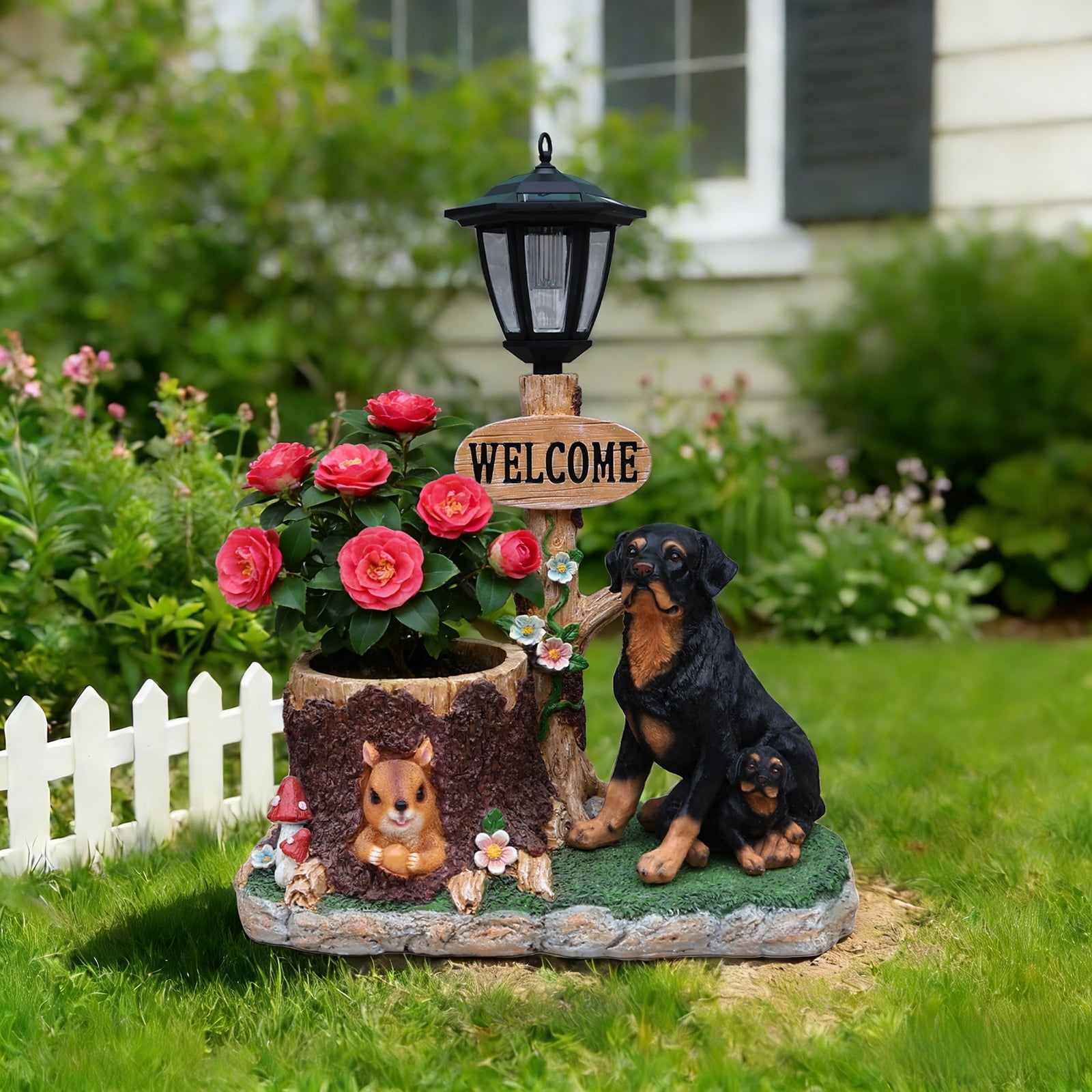 Aukfa Rottweiler Dog Planter Statue with WELCOME Sign & Solar LED Light, Outdoor Garden Balcony Lawn Decor