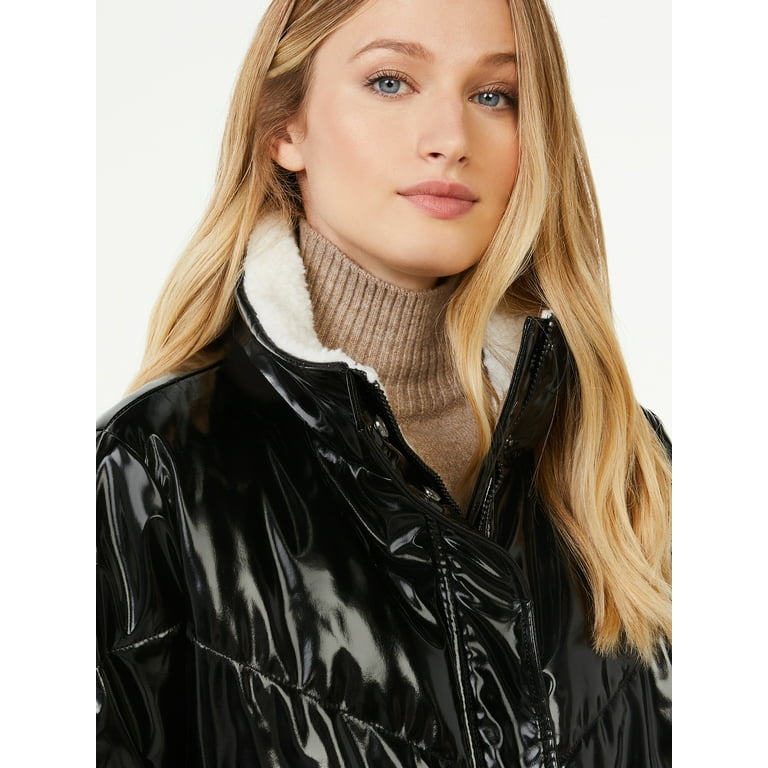 Black faux fur high shine sales puffer jacket