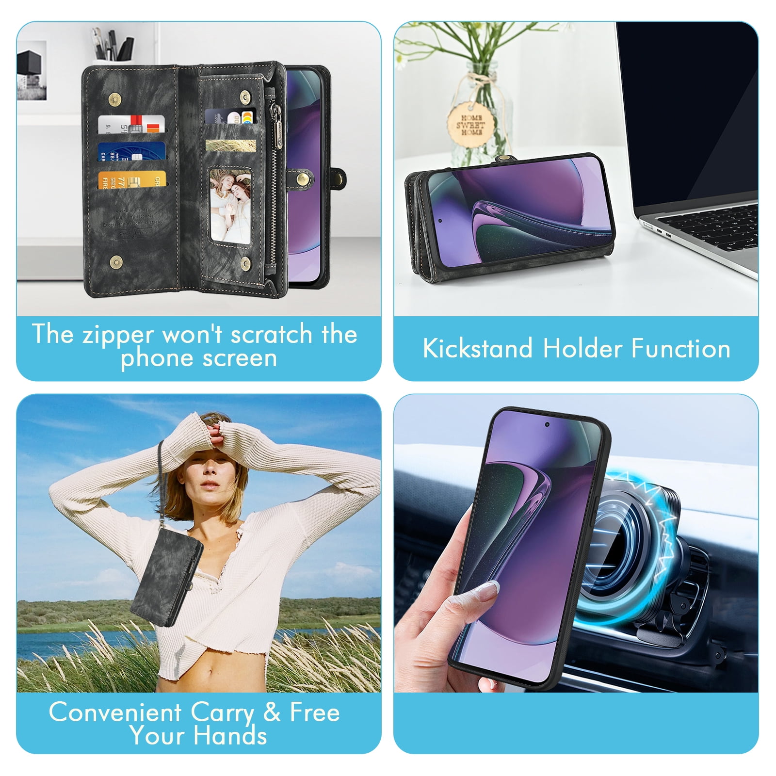 Asuwish Compatible with Motorola Moto G Power 5G 2023 Phone Case Zipper Wallet Detachable Tempered Glass Screen Protector Crossbody Lanyard Strap Flip Card Holder Cell Cover for GPower G5 Women Black