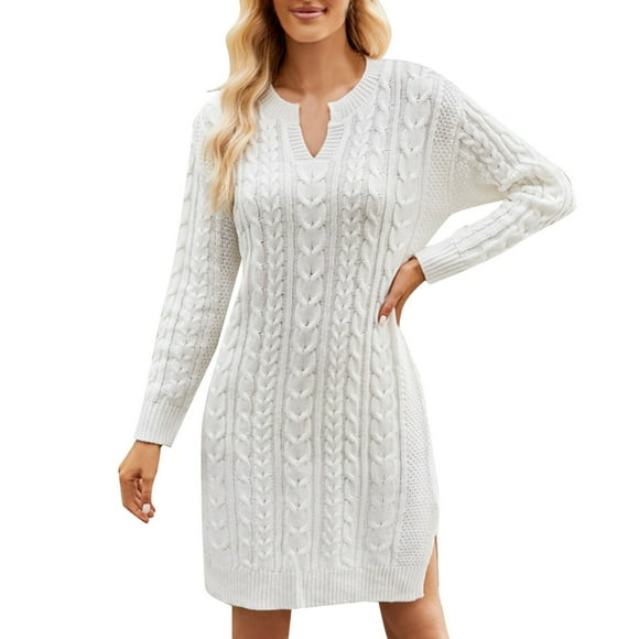 Women's Knitted Mid Length Casual Dress Solid Split Loose Pullover Comfortable Woolen Dress for Everyday Wear