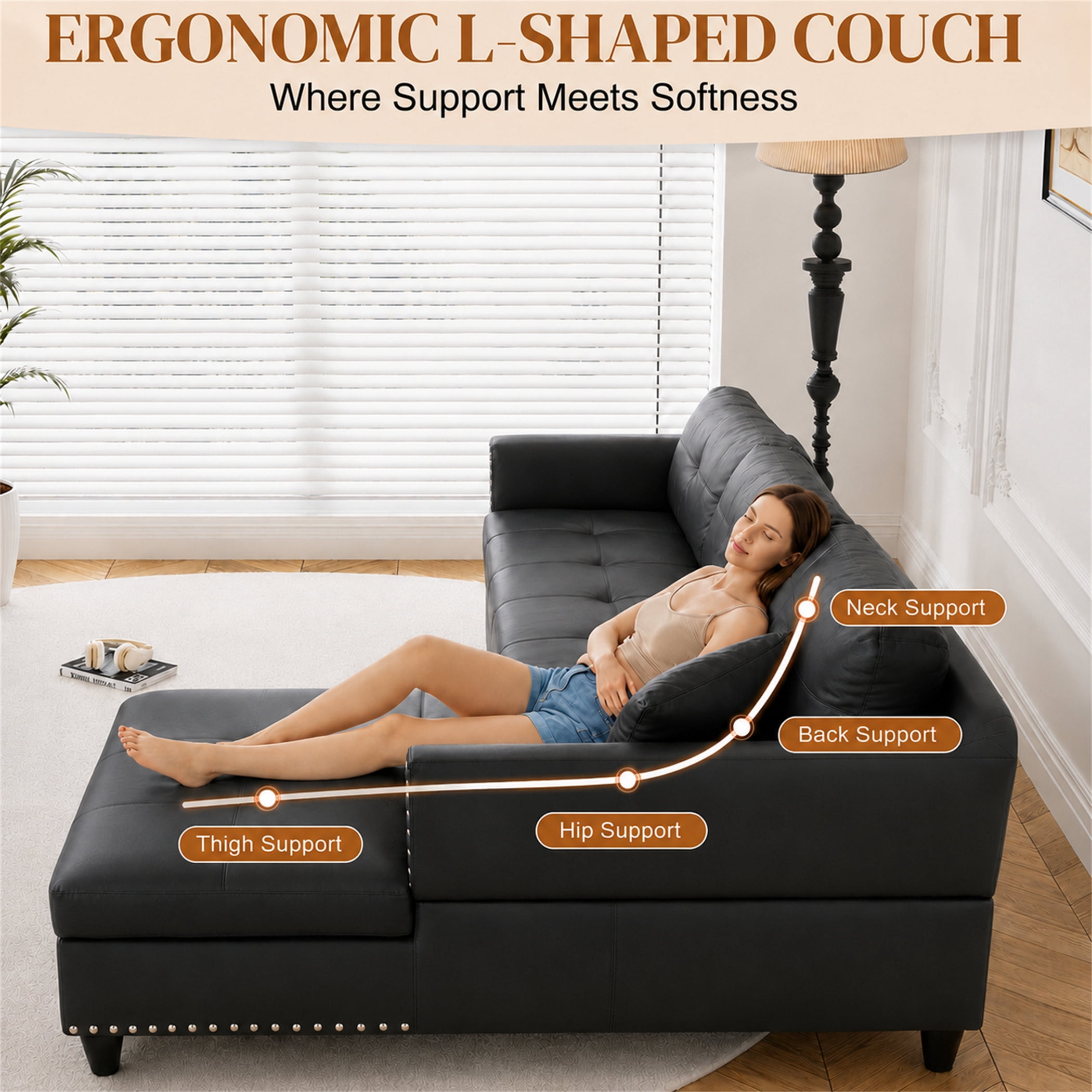 Aukfa 98" L Shaped Sectional Couch with Cup Holder Console, Tufted Back&Nailhead Trim, Oversized Right Chaise Leather Sofa for Living Room, Black