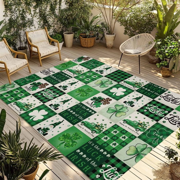 St. Patrick's Day Outdoor Rug for Patio/Deck/Porch, Non-Slip Large Area Rug 6 x 9 Ft, Green Checked Tri-leaf Grass Gnomes Indoor Outdoor Rugs Washable Area Rugs, Reversible Camping Rug Carpet Runner
