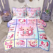 Feelyou Girly Pink Axolotl Bedding Comforter Set 7pcs for Kids, Kawaii Boba Animal King Bedding Sets, Patchwork Animal Reversible Bed Sheets, Breathable Home Decor