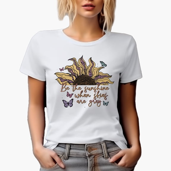 Be the Sunshine When Skies Are Grey with Retro Sunflower & Butterflies Art Merch Gift, White T-Shirt, Small