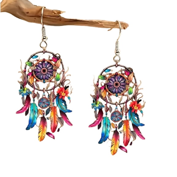 Bohemian Dream Catcher Acrylic Earrings, Colorful Boho Dreamcatcher Feather Earrings for Vacations, Casual Outfits