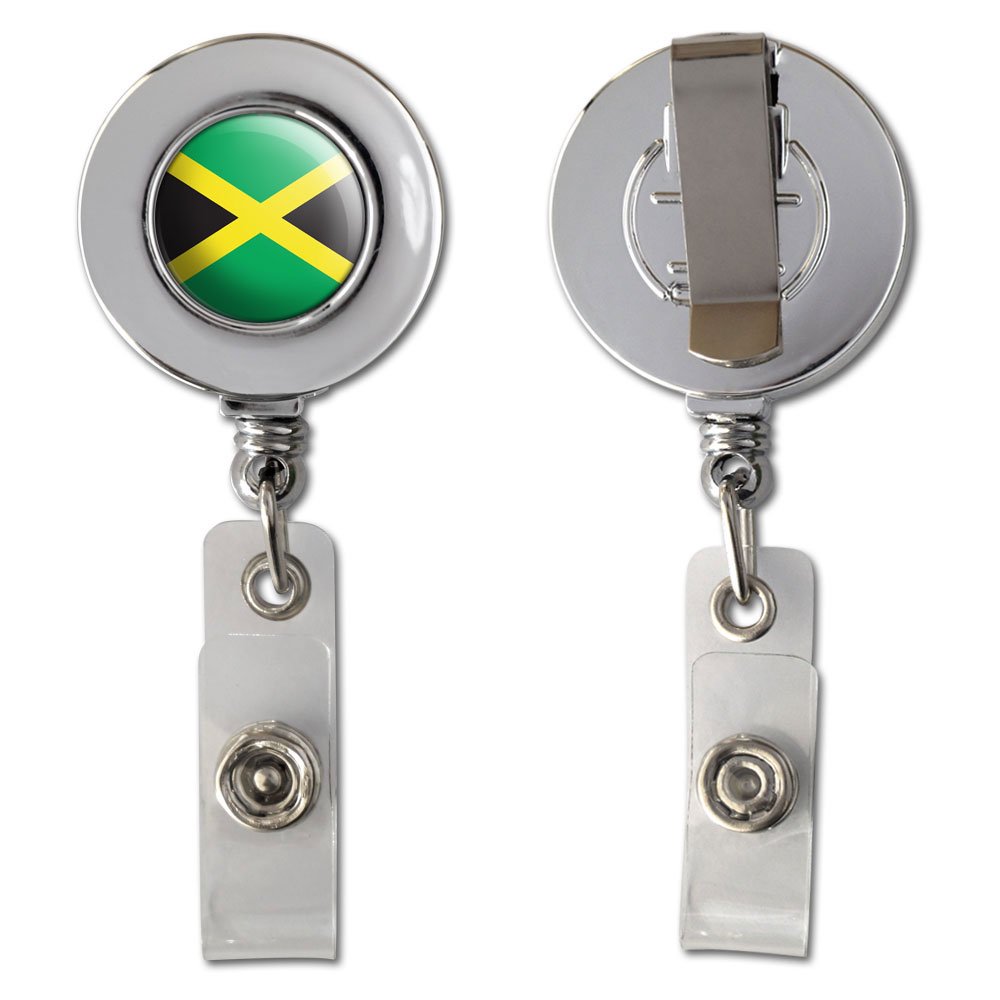 Jamaica Jamaican Flag Retractable Reel Chrome Badge ID Card Holder