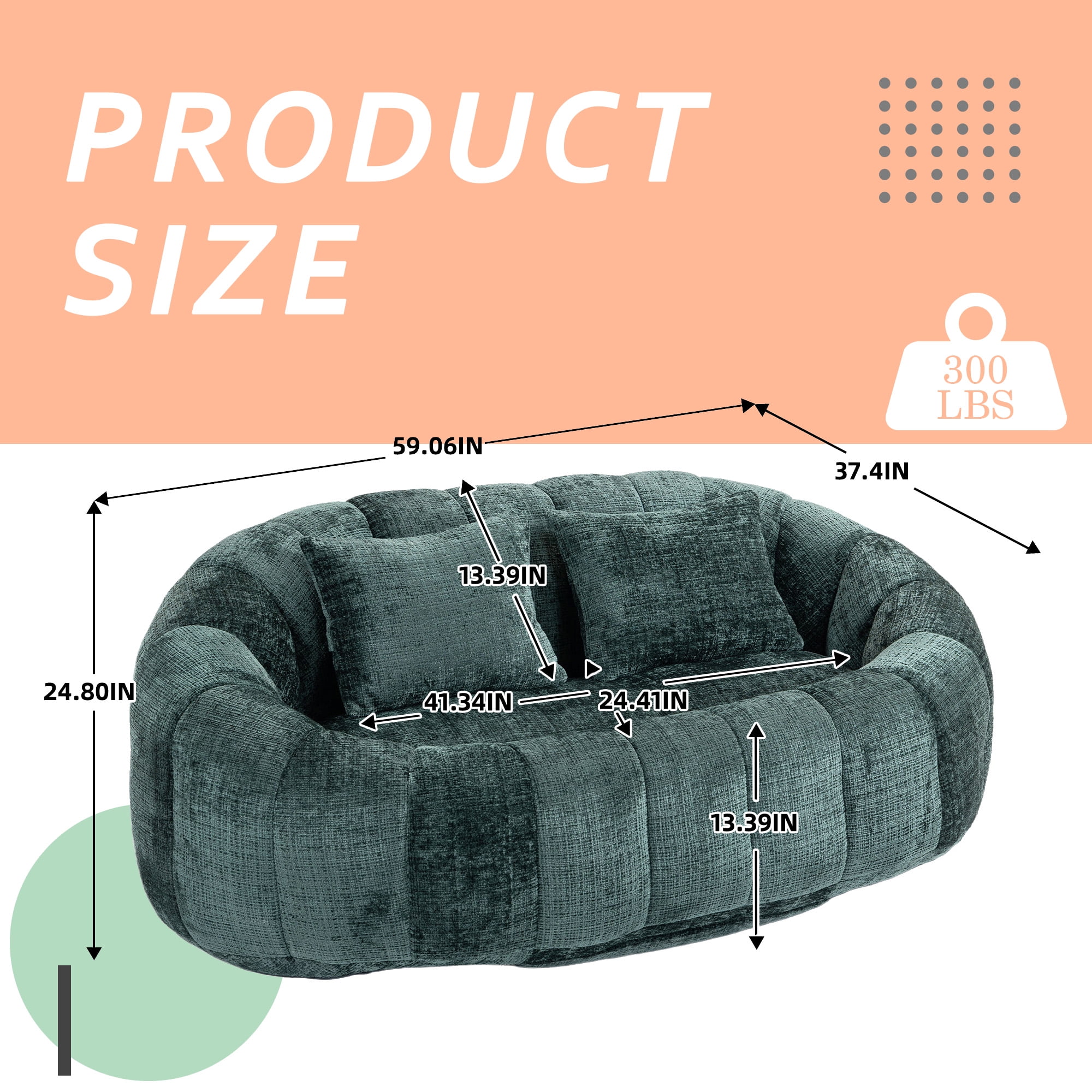MOONMISS Chenille Durable Comfort Lounger High Back Bean Bag loveseat Lazy Sofa-Emerald
