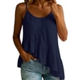 thumbnail image 3 of ClodeEU Women's Linen Blend Round Neck Spaghetti Strap Tank Top, Casual Pleated Asymmetrical Hem Blouse Navy,Women's Plus M, 3 of 9