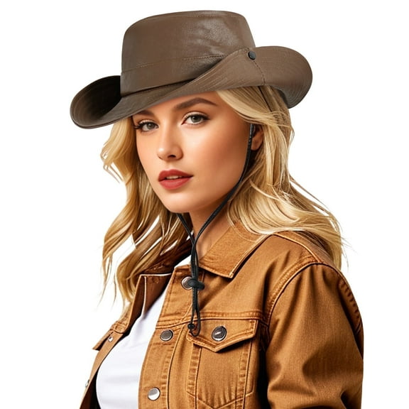 Wowstyle Leather Cowboy Hat Women Western Brown Pu Cowgirl Hat Packable Fisherman Boonie Cap