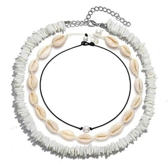 Namzi 3Pcs Set - Womens Seashell Necklace, Pearl Choker, Mens Hawaiian Puca Chip White Necklace - Handmade Sea Shells Beads Women Men Necklaces Surfer Chips Beach Jewelry