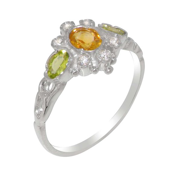 LBG British Made 10k White Gold Natural Citrine Peridot Cubic Zirconia Womens Anniversary Ring - 33 size options - Size 10