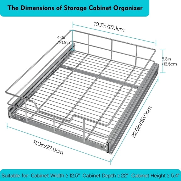 STORING Pull Out Cabinet Organizer 11" W x 22" D, Slide Out Drawers for kitchen organizers and storage, Capacity Heavy Duty Caddy, Shelves Chrome-Plated, Pantry