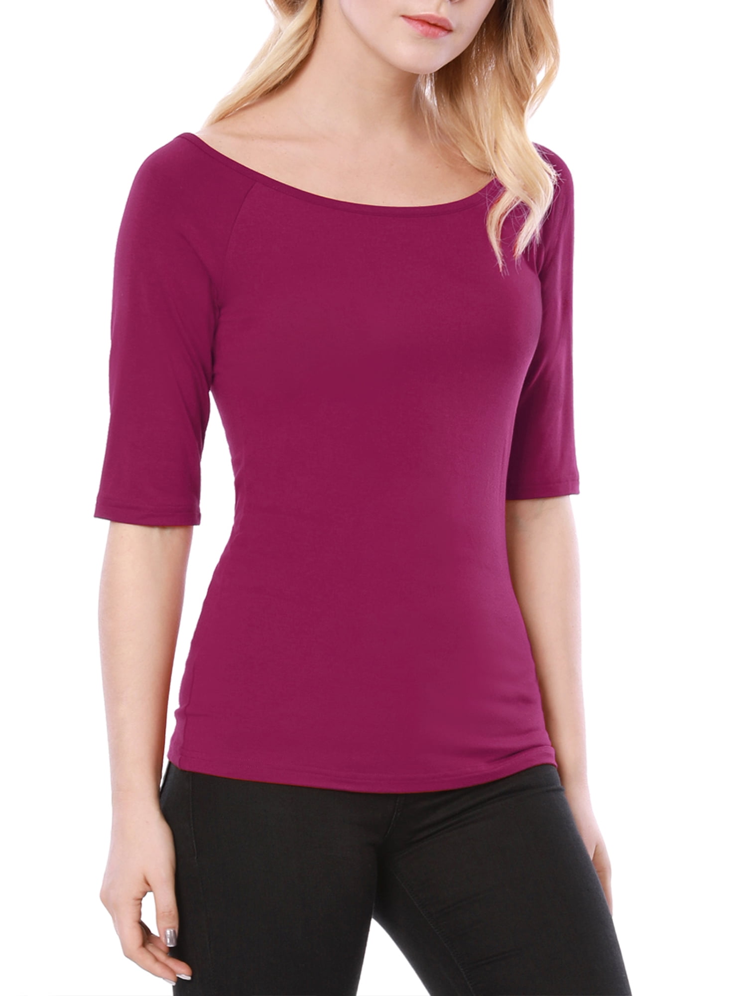 DARING DIVA Women's Slim Fit Pullover Boat Neck Stretchable T-Shirt XS Fuchsia