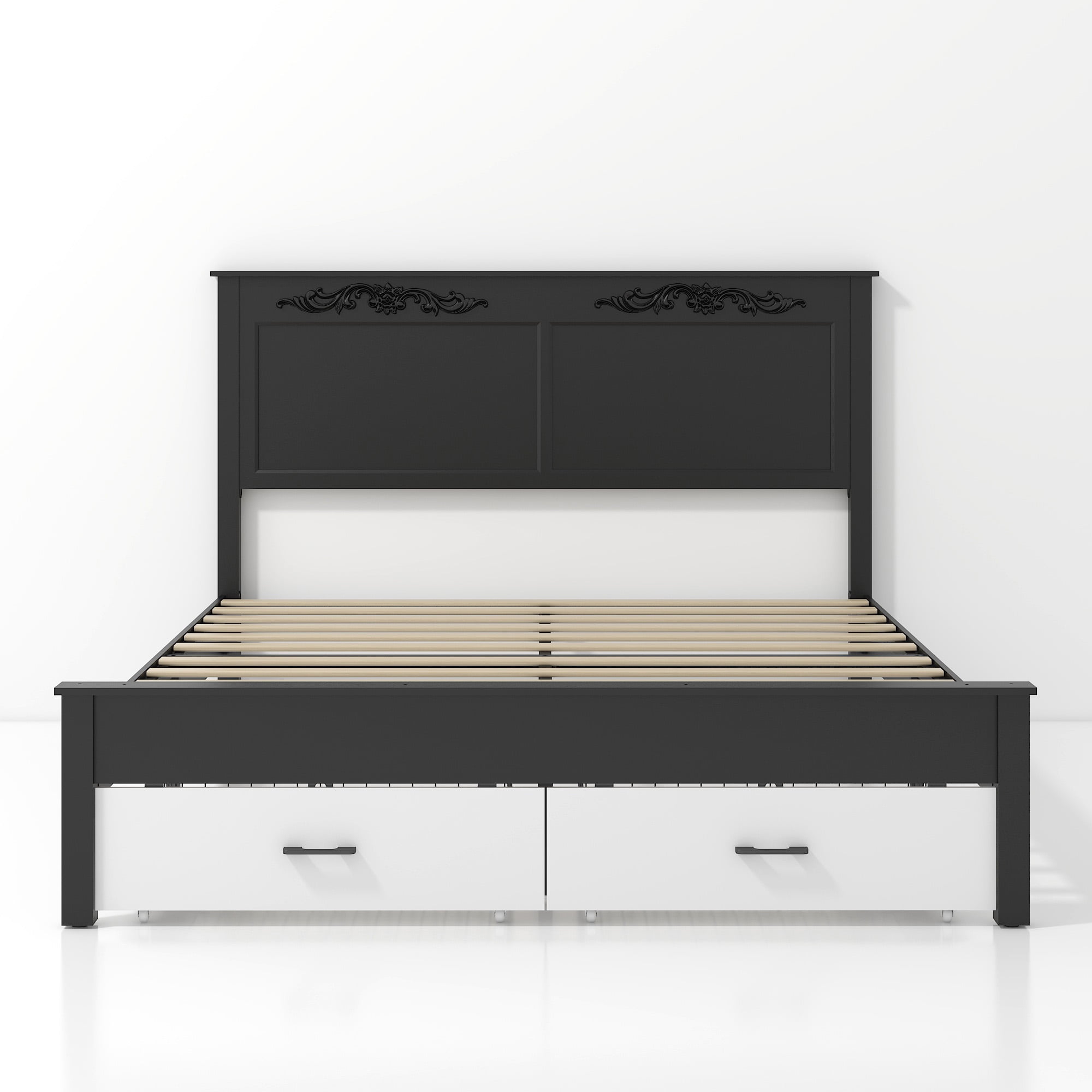Gewnee Queen Size Rustic Farmhouse Platform Bed Frame, Steel Frame with Wood Slats, Noise‑Free, Under‑Bed Storage, Easy Assembly, No Box Spring Required for Bedroom, White & Black