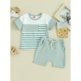 thumbnail image 3 of Musuos 2Pcs Toddler Boy Summer Outfits 6 12 18 24M 3Y Short Sleeve Striped Print T-shirts + Drawstring Shorts Set Casual Clothing for Infant, 3 of 10