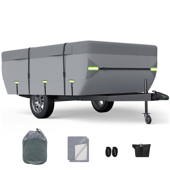 10-12 FT Pop Up Folding Camper Cover, Upgraded 8 Layers Top Waterproof Camper Cover, RV Cover for Winter Snow with Extra Windproof Ropes, Adhesive Repair Patche