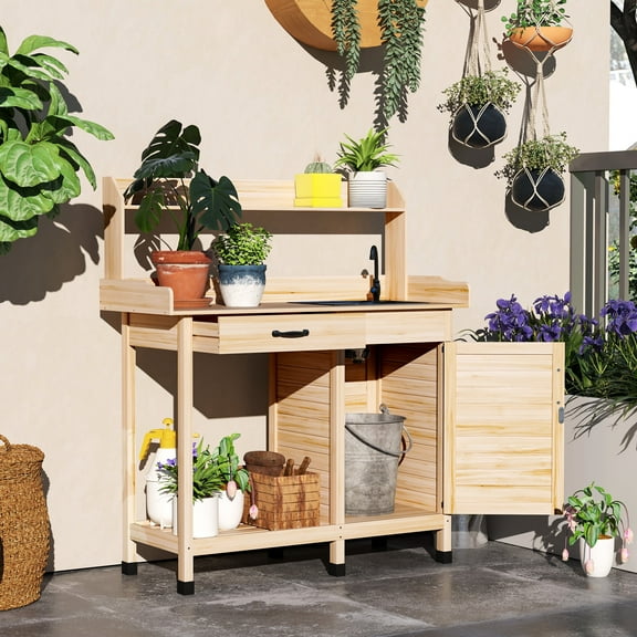 Outsunny Garden Potting Bench Table with Sink, Lockable Storage Cabinet and Open Shelf, Outdoor Planting Workstation with Steel Tabletop Natural Wood