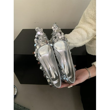 

High-grade glitter silver single shoes female pointed wedge 2023 new shallow mouth low heel flat shoes niche design sense