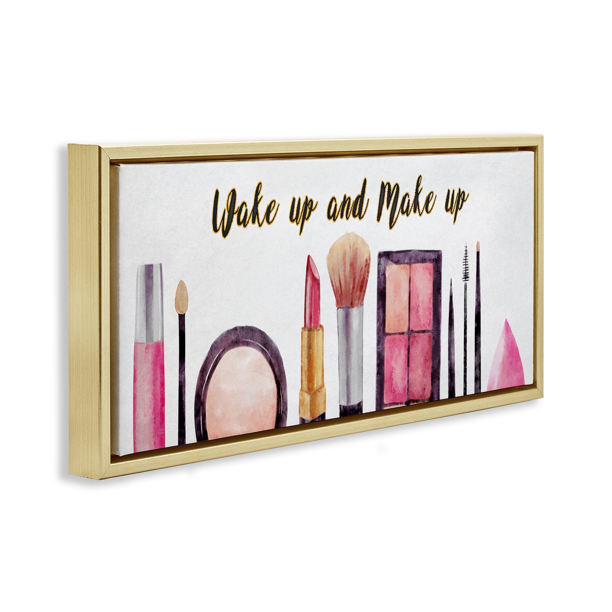 Stupell Industries Wake Up Make Up Watercolor Beauty & Fashion Painting Gold Floater Framed Canvas Art Print Wall Art, 25 x 11