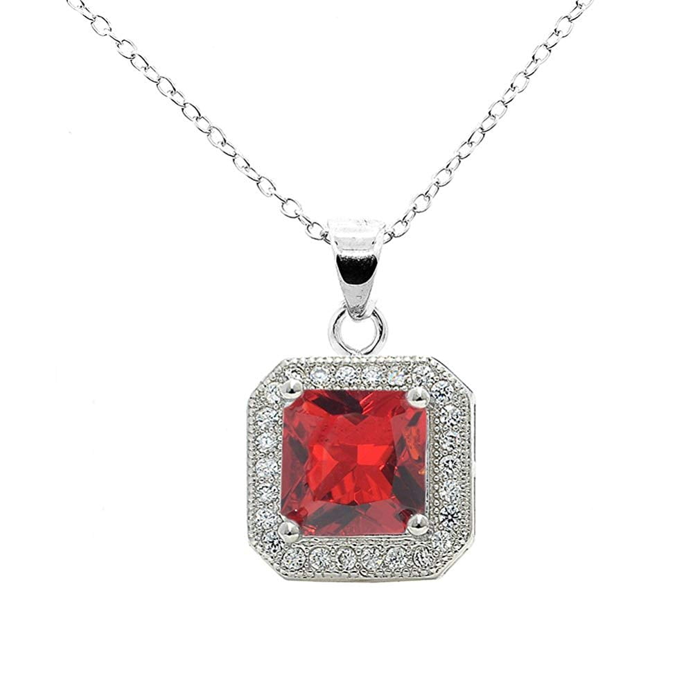 3Ct Emerald Cut Red Ruby And Diamond Halo Pendant Free Chain 14K White Gold Over