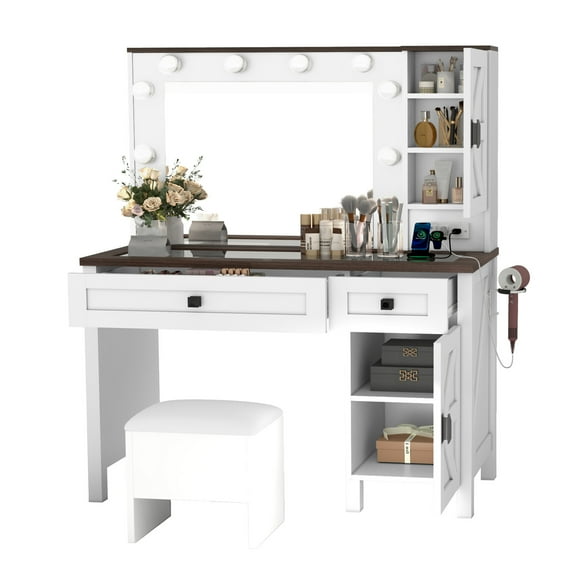 YYEAN Makeup Vanity Desk with Mirror and Lights, Farmhouse Vanity Table with Charging Station, 42'' Dressing Table with 2 Drawers & 6 Cabinets,  for Bedroom, White