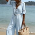 thumbnail image 4 of Wide Leg Pants Women's Fashion Solid V-Neck Short Sleeve Beach Vacation Pockets Button Long Jumpsuit Blue L, 4 of 6