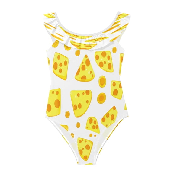 Girls Ruffled One Piece Swimsuit Summer Beach Vacation Swimwear Tank Swimsuit Yellow Cheese Pattern
