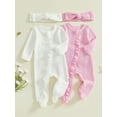 thumbnail image 3 of RUINIXCW Newborn Baby Girl Spring Fall Winter Clothes Outfit Knitted Footed Romper Long Sleeve Crew Neck Frills Zipped Footie Jumpsuit and Headband, 3 of 9