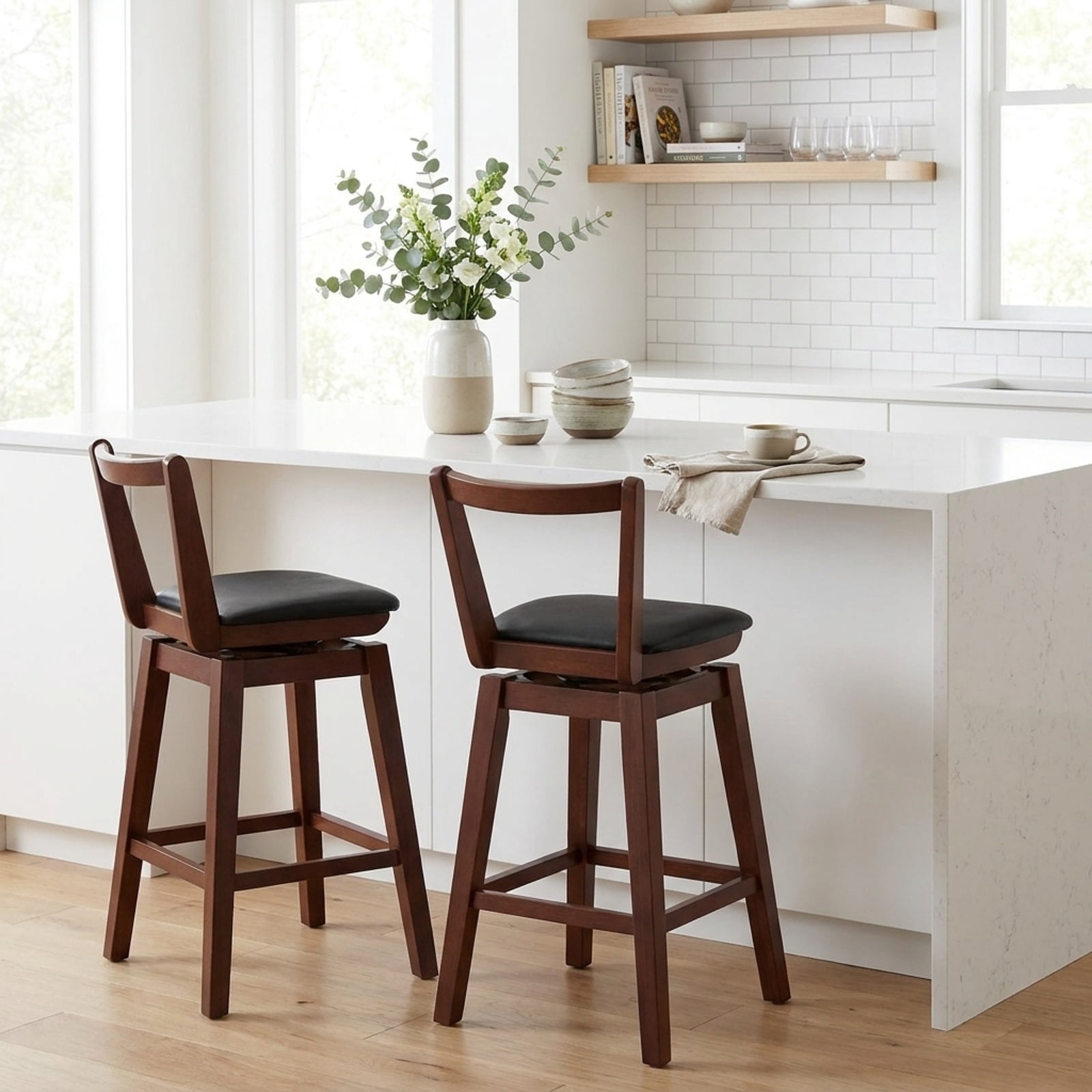 Furnibear Swivel Upholstered PU Leather Stool with Backrest and Cushioned Seat-30.5 inches for Kitchen Island Counter Bar Pub Dining Home, Walnut and