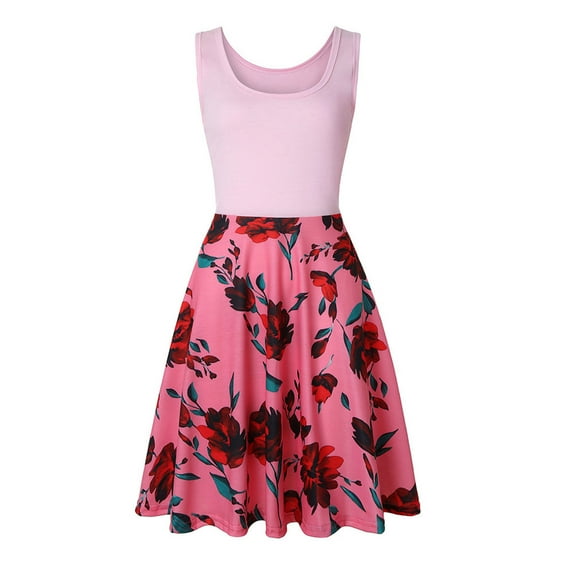 IROINNID A-Line Dress For Women Fashion Sleeveless Printed Skinny Tank Dress Long Dress V-Neck Knee-Length Dress
