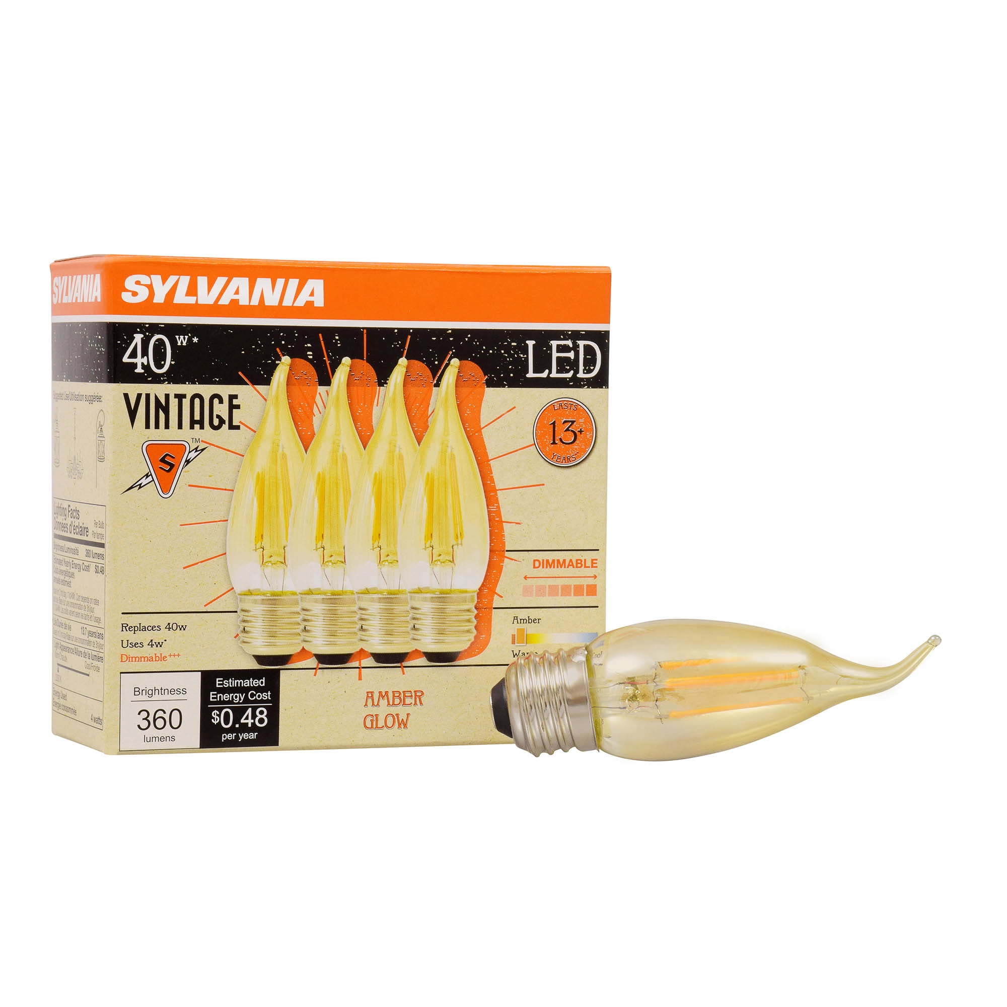 SYLVANIA LED B10 Light Bulb, 40 Watt, Dimmable, Vintage, 4 Pack