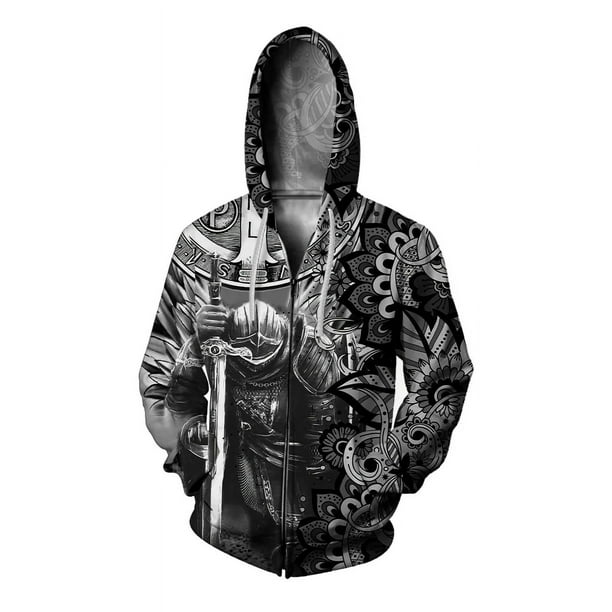 Novedades en sudaderas y sudaderas Sudadera con capucha de moda informal, moderna y versátil para hombre, camisa con capucha y cremallera con estampado de guerrero del siglo pasado para hombre