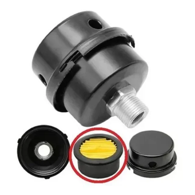 filtro para compresor evans libre de aceite 1 h.p. evans — filtro negro de lámina, diámetro 62 mm y entrada roscada G 1/4" en primer plano; imagen muestra piezas desmontadas con tapa, base y elemento filtrante amarillo, ideal para cabezal libre de aceite de 1 Hp.