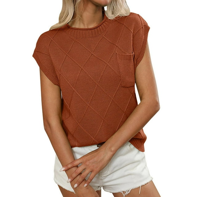 Tnhcen Women's Summer Solid Color Ribbed Crewneck Knit Top | Short Sleeve with Pocket | Plus Size Friendly (S-XL) Stylish Tops