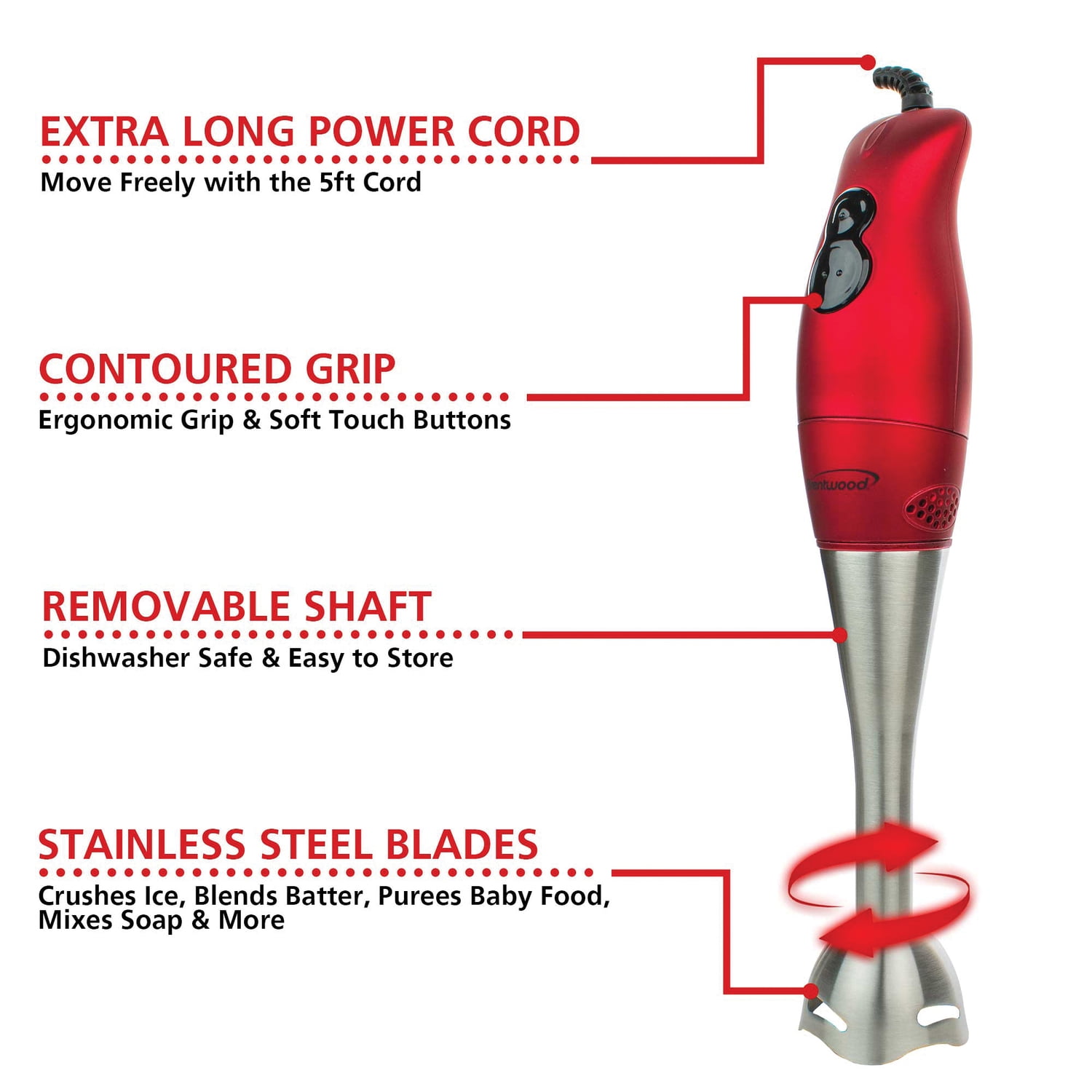 Brentwood 2-Speed Corded Hand Blender, Red