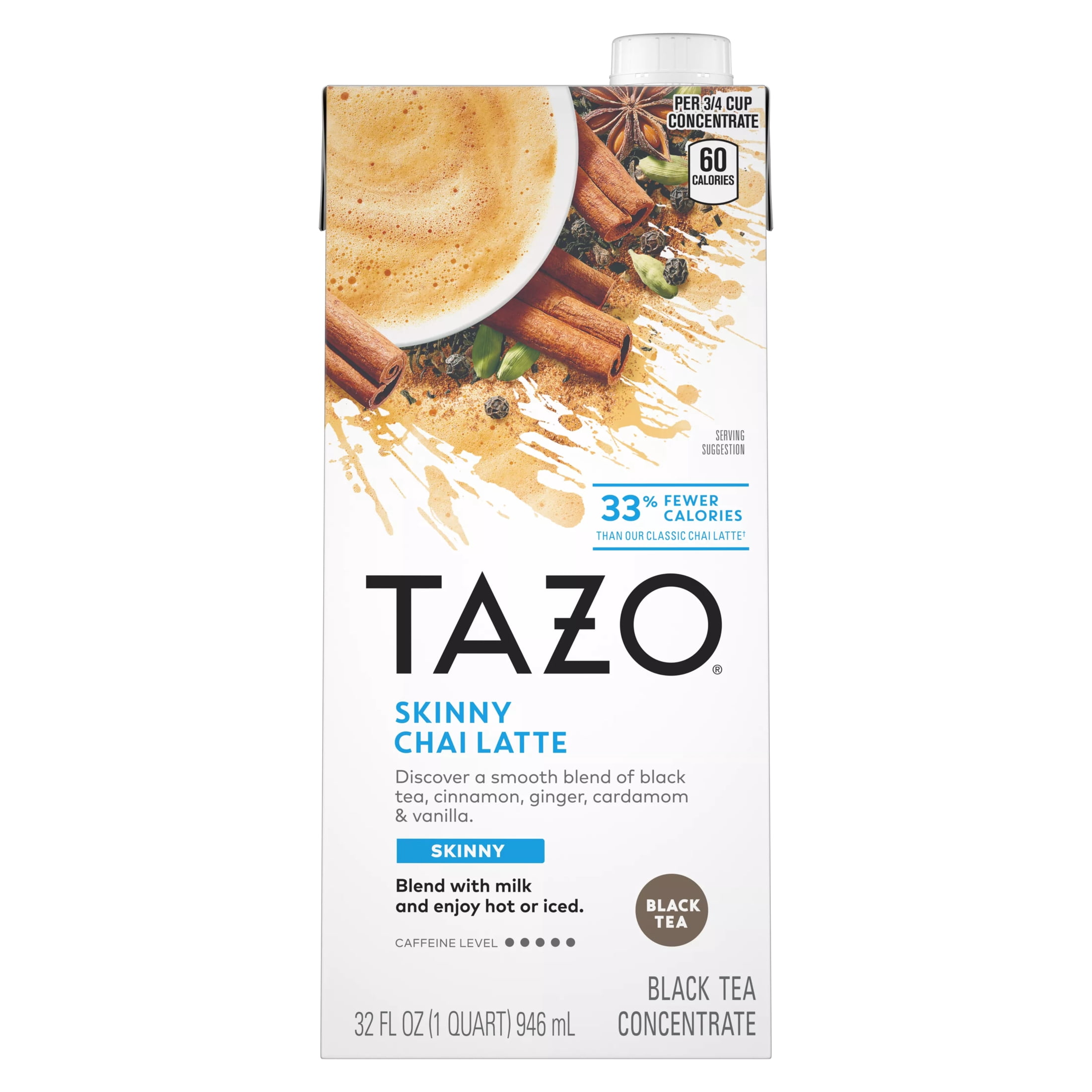 (4 pack) TAZO Skinny Chai Latte, Black Tea Concentrate, Hot or Iced Tea, 32 oz Carton