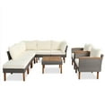thumbnail image 4 of 9-Piece Patio Rattan Furniture Set, Outdoor Conversation Set, Acacia Wood Legs and Tabletop, Sectional Sofa Set with Coffee Table and Cushion, Beige, 4 of 10