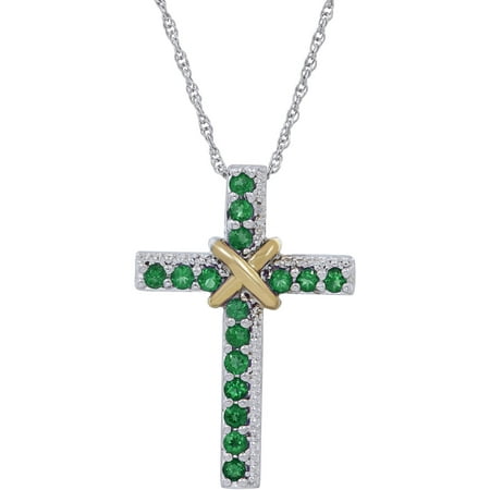 Duet Timeless Created Emerald Sterling Silver and 10kt Yellow Gold Cross Pendant, 18