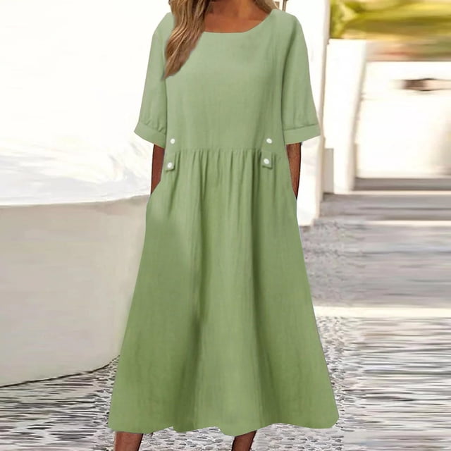 LOVZFMLL Womens Spring And Summer Round Neck Cotton And Linen Casual Pocket Short Sleeved Dress Green L