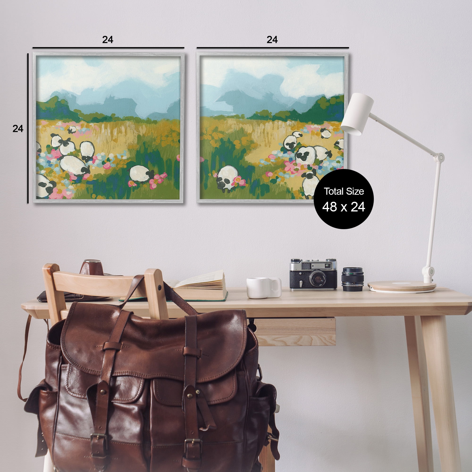 Stupell Industries Scattered Sheep in Field Landscape Painting Gray Framed Art Print Wall Art, 24 x 24, Set of 2