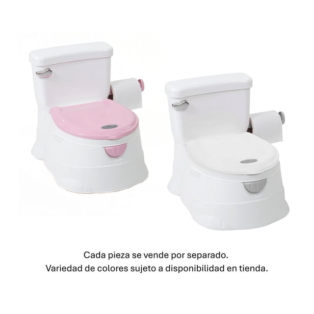baño entrenador mini toilet PRINSEL blanco con asiento removible mostrado en versiones rosa y blanco, tanque trasero simulado y portarrollos lateral; plástico de alta resistencia, deflector frontal contra escurrimientos, bordes redondeados y patas antiderrapantes, recomendado 18 a 36 meses; también suele usarse como asiento de juego para familiarizar al niño.