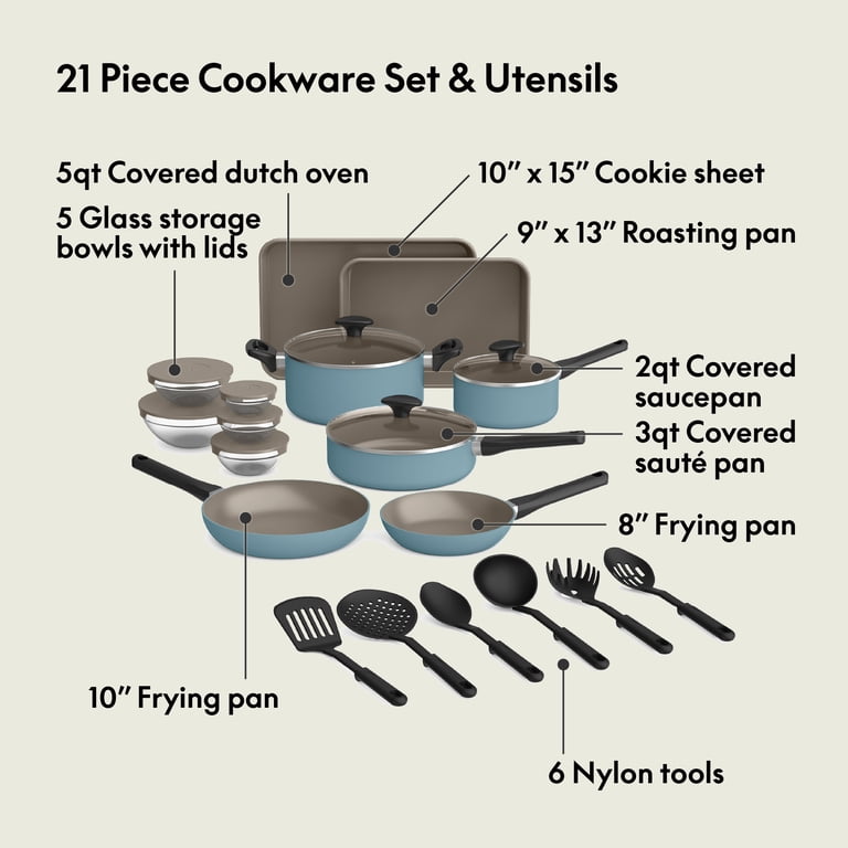 Bella 21 Piece Ceramic Non-Stick Cookware and Utensil Set, Surf