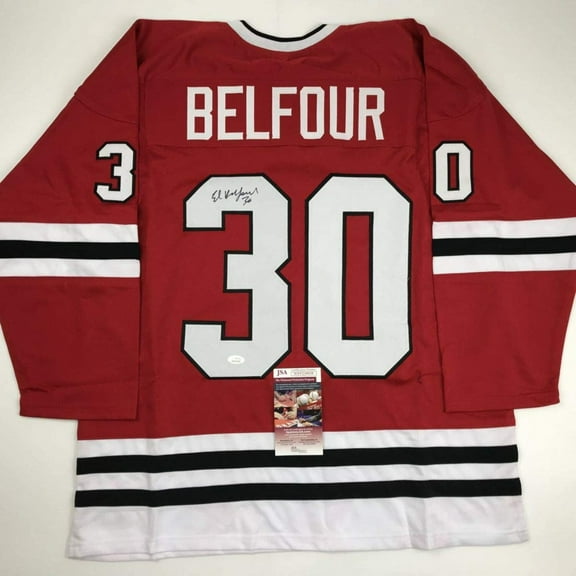 Autographed/Signed Ed Belfour Chicago Red Hockey Jersey JSA COA