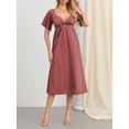 thumbnail image 5 of Biezeib Women Midi Dress Solid Color V-Neck Tie Knot Front Ruched Short Sleeve Dress Summer Casual Dress A-line Dress, 5 of 6