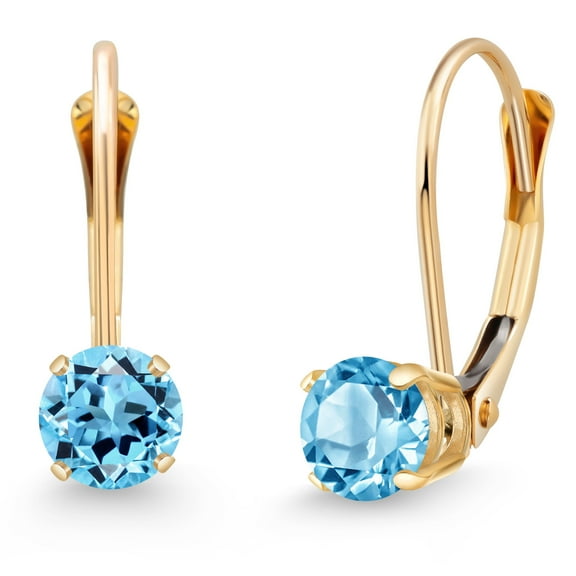 Gem Stone King 0.71 Ct Round Swiss Blue Topaz 14K Yellow Gold Earrings
