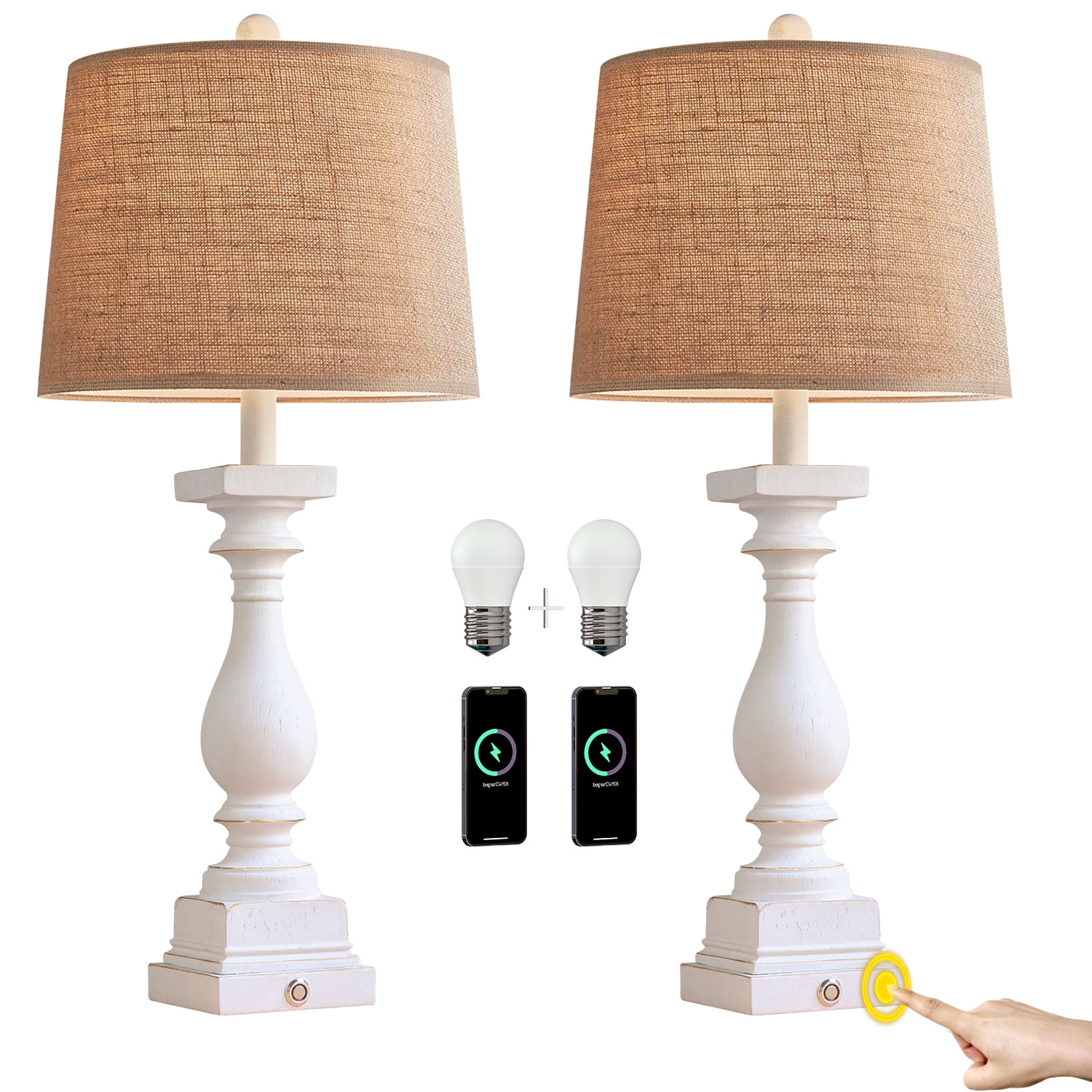 Oneach 3 Way Dimmable Touch White Table Lamp Set of 2 with USB Ports for Living Room Bedroom 27.75" Farmhouse Resin Bedside Nightstands Lamps(Bulbs)