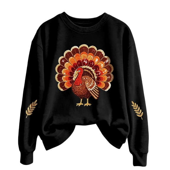 Womens Thanksgiving Day Crew Neck Sweatshirts Trendy Turkey Printed Pullovers Causal Fall Long Sleeve Graphic Tops Black L